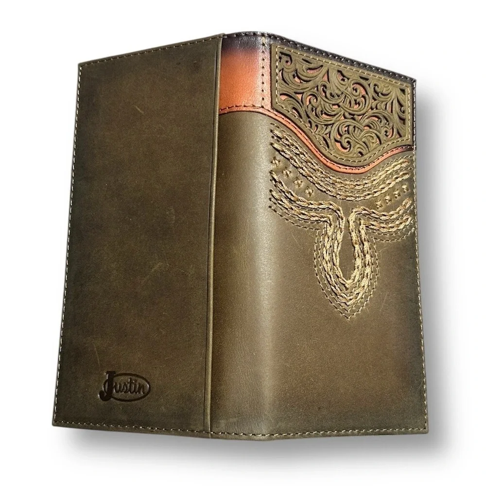 New‎ Justin Brown Genuine Leather Rodeo Wallet RFID Long Bifold Tooled Western